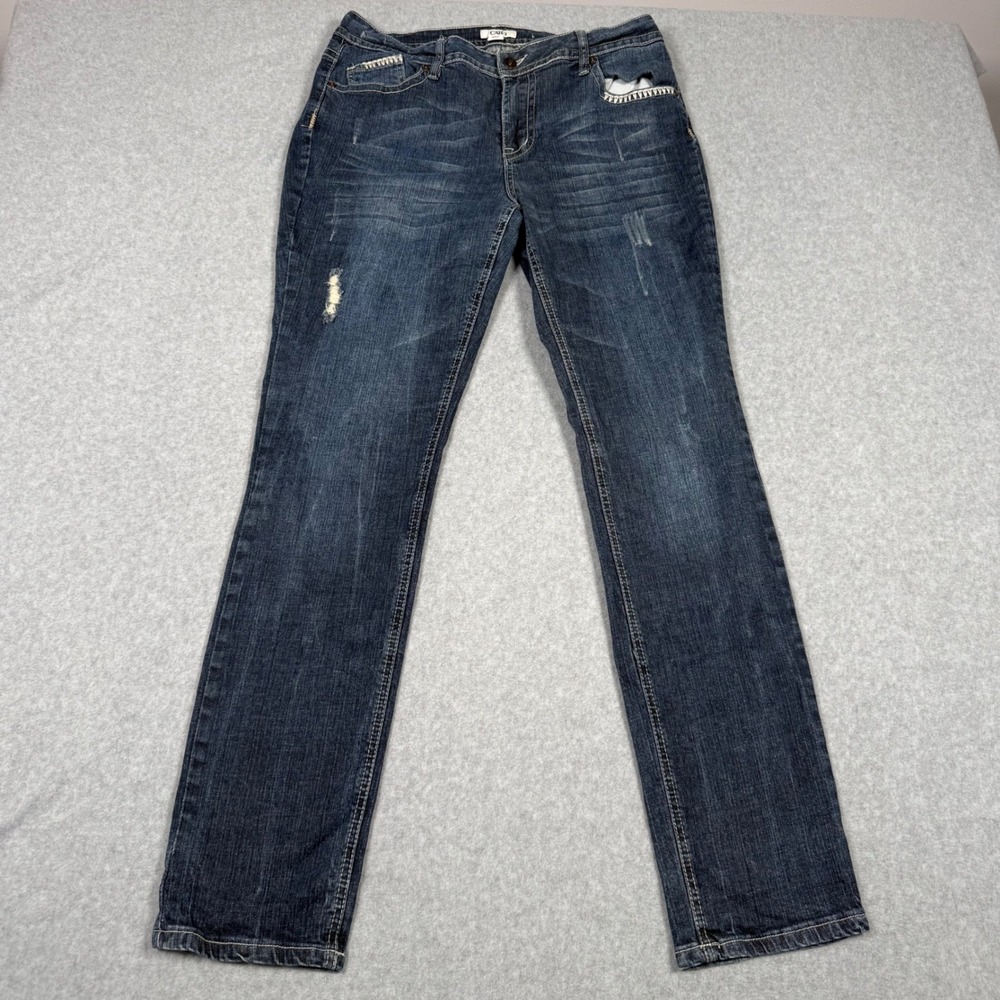 Y2K Cato Womens Blue Distressed Straight Leg Jeans Western Whipstitch Rodeo 12